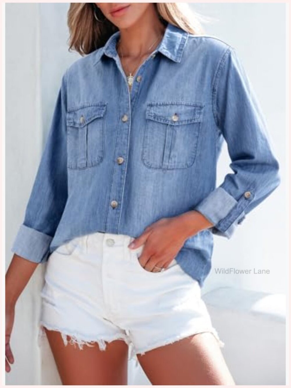 Women's Long Sleeve Button Down Denim Shirt - Classic Jean Top - Picture 4 of 7